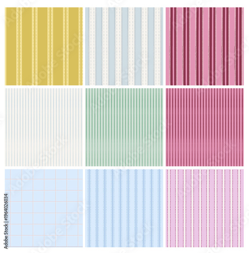 Collection of seamless vector patterns with vertical stripes, dashed stitched lines and check grid variation in soft and muted colors. Includes simple geometric and minimal textile designs suitabl