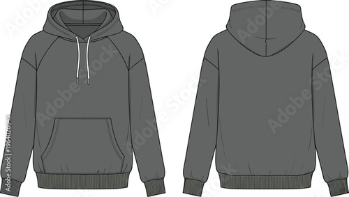 Technical fashion flat of a gray raglan hoodie vector illustration featuring front and back views for clothing design apparel tech pack and streetwear mockup on white background.