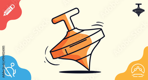 Traditional spinning top toy with orange and white sections rotates quickly on a surface in a dynamic child play illustration.