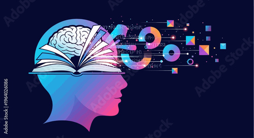 Brain with book and digital concepts.