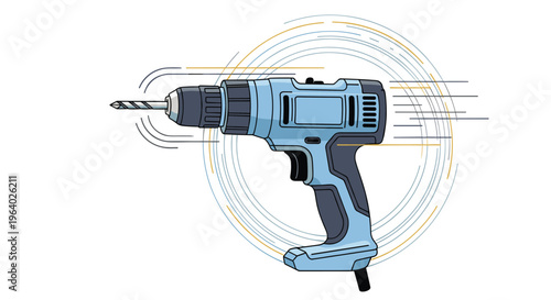 Modern cordless power drill in light blue and grey finishes is shown in motion with circular lines suggesting high speed work.