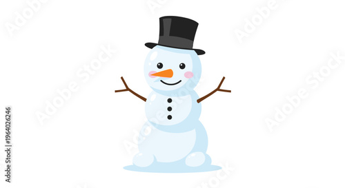 Friendly snowman wearing a classic black top hat and a carrot nose stands happily on a snowy white winter ground.