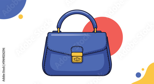 Elegant dark blue leather handbag with a gold clasp stands out against a modern background of red, yellow, and blue circles.