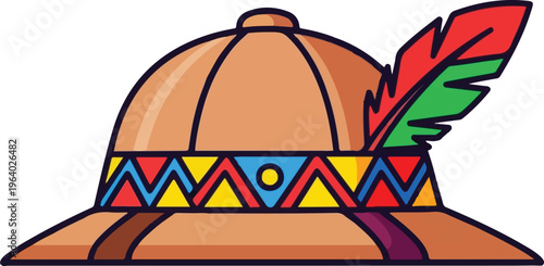 Traditional indigenous headpiece adorned with vibrant geometric patterns and a striking feather on its side Vector