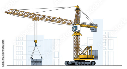 Large yellow construction tower crane stands tall at a building site with a city skyline outline visible in the background.