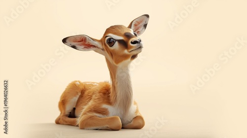 Baby saiga antelope with large dark eyes and distinctive horns on a plain beige background looking curious