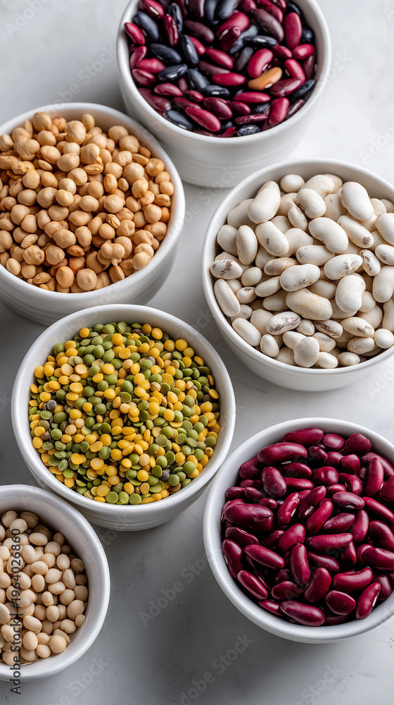 Fototapeta premium Variety of colorful legumes and beans in white bowls arranged neatly on table surface