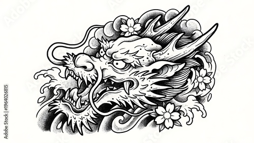 Traditional Japanese dragon head illust n with waves clouds and cherry blossoms designed for tattoo art