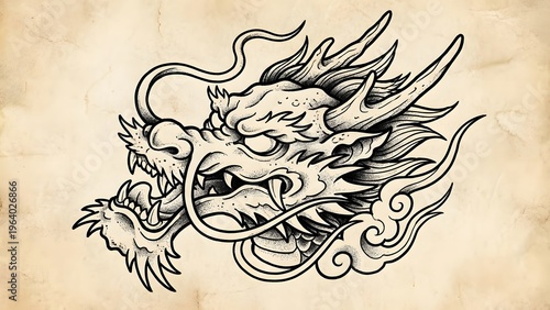 ic illust n of a fierce dragon head in traditional tattoo style on textured parchment