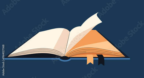 Open hardcover book with its pages turning and two colored bookmarks visible against a dark blue background for education themes.