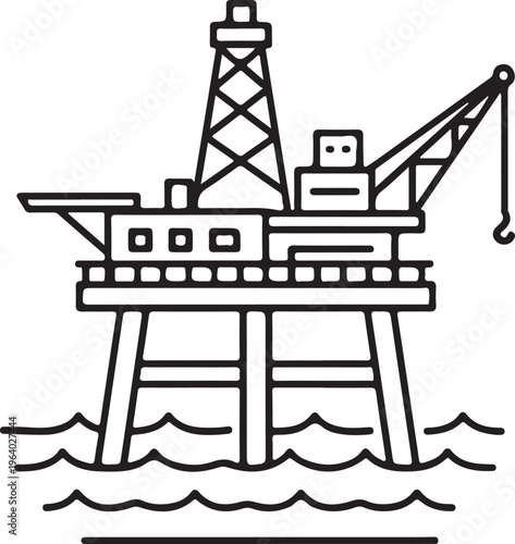 Oil rig icon with crane and waves, offshore drilling platform for petroleum extraction on transparent background, energy industry.