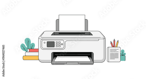 Home office printer setup on a desk surrounded by books, pencils in a cup, and small plants representing a productive workspace.