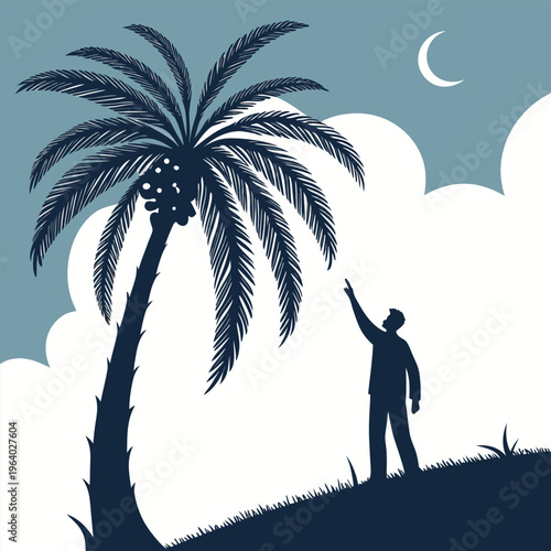 Man reaching for coconuts on palm tree under moonlit night sky.