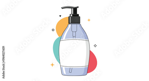 Bottle of liquid soap or hand sanitizer with a pump dispenser set against a backdrop of colorful abstract shapes and stars.