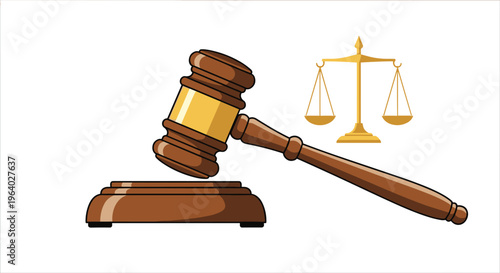 Wooden judge gavel and a golden scale of justice symbol representing law, legal system, court proceedings, and fair judgment.