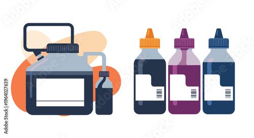 Large ink tank and three smaller refill bottles in yellow, magenta, and cyan colors for professional inkjet printer maintenance.