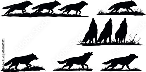 Wolf silhouette collection with running walking and howling wild wolves in grass wildlife predator vector illustration set