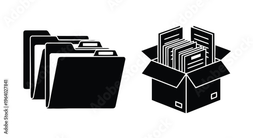 Vector illustration of set of icons representing file folders and a box filled with documents