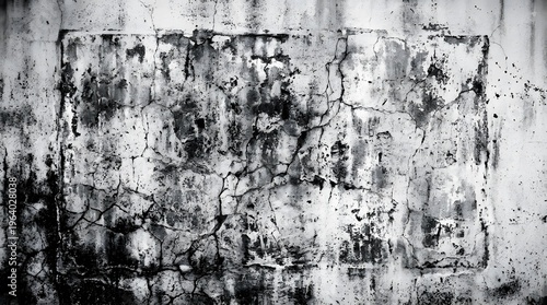A close-up view of a weathered and cracked concrete wall with a rectangular patch of damage