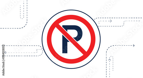 Circular no parking sign with a red slash over a letter P warns drivers against stopping in restricted zones to maintain traffic flow and safety.