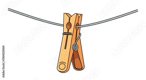 Wooden clothespin clipped onto a metal wire represents laundry routines, outdoor clothes drying, and traditional household chores and supplies.