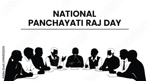 Black and white vector graphic illustrating a diverse group meeting for India's National Panchayati Raj Day celebration