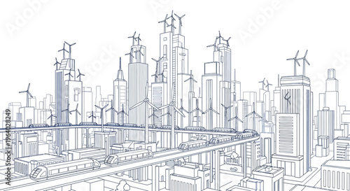 Cityscape with skyscrapers and highway.