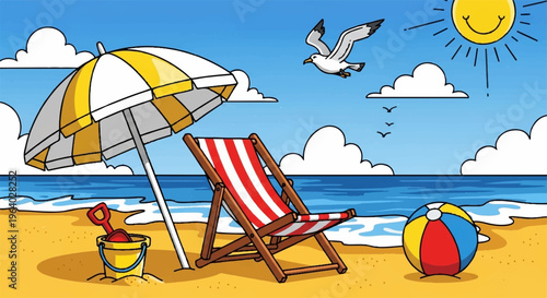 Beach, summer, vacation, vector illustration, beach scene, beach background, sunny day
