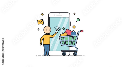 Happy character shopping online using a large smartphone and a grocery cart filled with colorful retail packages and bags.