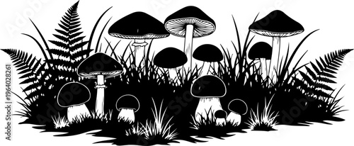 Detailed Mushroom with Ferns silhouette