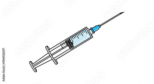 Medical syringe with needle containing light blue liquid representing a vaccine or medicine on a white background.