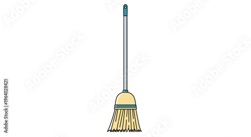 Household cleaning broom with a long silver handle and yellow bristles shown in an upright position for sweeping.