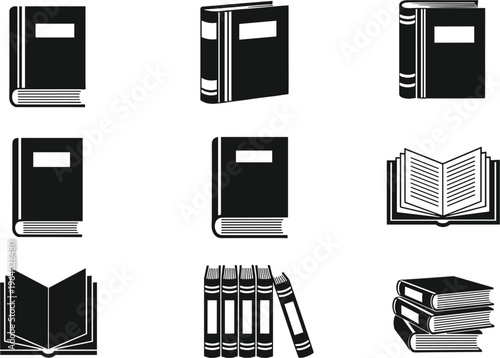 Collection of black and white book vector icons featuring open books stacked volumes and standing binders isolated on white for library education.