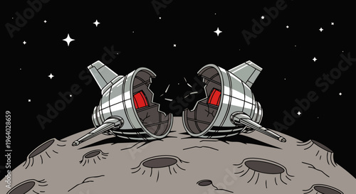 broken spaceship lunar module wreck on the moons cratered surface depicting a space accident and failed mission.