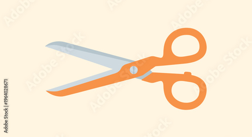 Pair of sharp metal scissors with bright orange handles shown open on a light beige background for craft work.