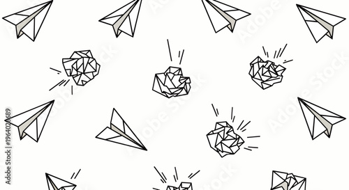dynamic seamless pattern of paper airplanes and crumpled paper representing creativity ideas and the journey of trial and error.