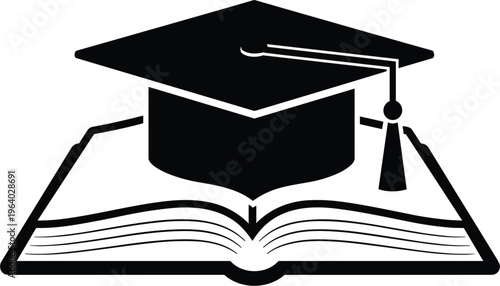 Black and white vector illustration of a graduation cap sitting on an open book symbol for education university degree and academic achievement.