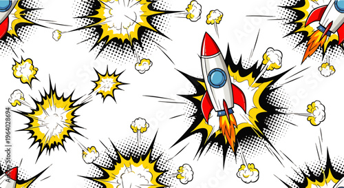 dynamic rocket comic explosion seamless pattern inspired by pop art and space travel creating an energetic blast-off background