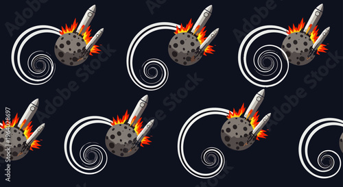 space rocket collision with moon impact showcasing explosion effect and dynamic spiral trails for a sci-fi pattern background.