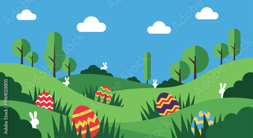 modern flat design easter egg hunt on green grassy hills with playful white bunnies and colorful hidden eggs celebrating spring holiday fun outdoors
