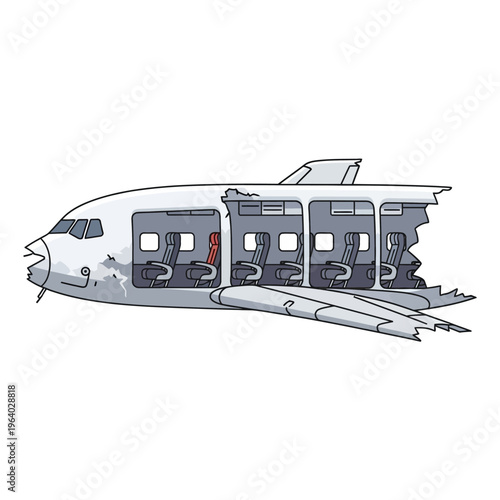 airplane accident wreck showing dangerous crash aftermath inside a damaged fuselage cross-section illustrating aviation disaster and emergency concepts