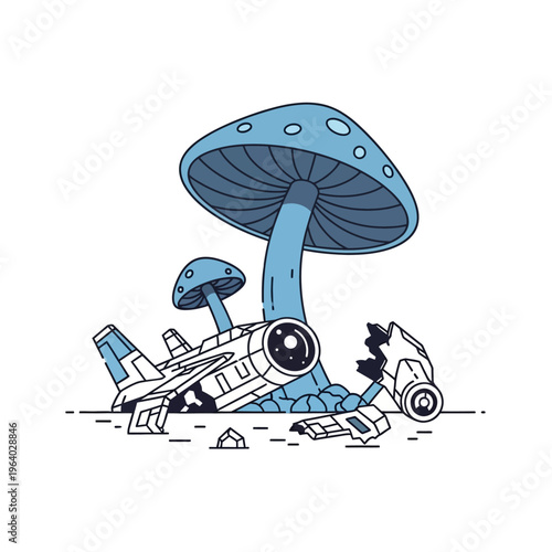 crashed spaceship debris and whimsical blue mushrooms a flat design illustration showing sci fi space exploration concept.