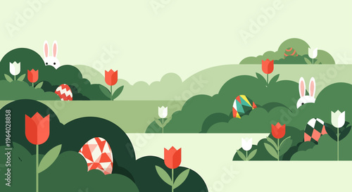 easter egg hunt flat design spring illustration cute bunnies patterned eggs in garden ideal for holiday.