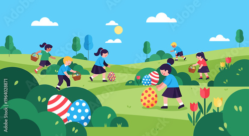 easter egg hunt children enjoying a vibrant spring holiday outdoors collecting colorful eggs in a cheerful field.
