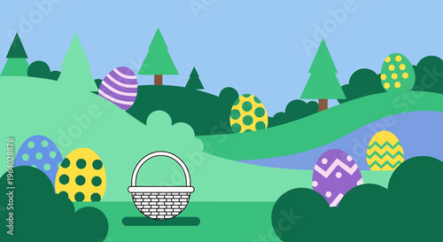 easter egg hunt illustration with colorful eggs and an empty basket in a vibrant spring landscape of rolling green hills.