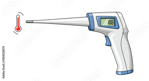 Digital infrared thermometer used for non-contact body temperature measurement for health safety and fever screening.