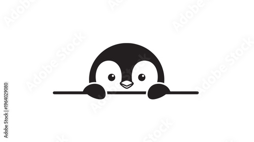 Small penguin character illustration peeks up from behind a straight black line element with flippers visible.