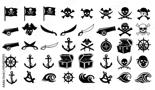  Pirate and Nautical Icon Set Featuring Skull, Crossbones, Ship Wheel, Anchor, Cannon, Treasure Chest, and Ocean Symbols for Maritime and Adventure Design