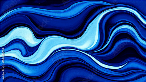 Vector Abstract ocean waves with indigo, cyan and sapphire colors swirl harmoniously as aquatic and nautical vibes create deep sea feeling and fluidity evokes movement 