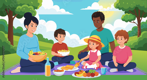 A joyful family picnic scene in a park, captured in a vibrant vector illustration for summer outdoor activities and leisure